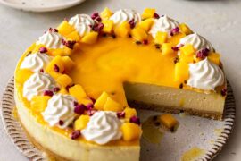 baked mango and passionfruit cheesecake