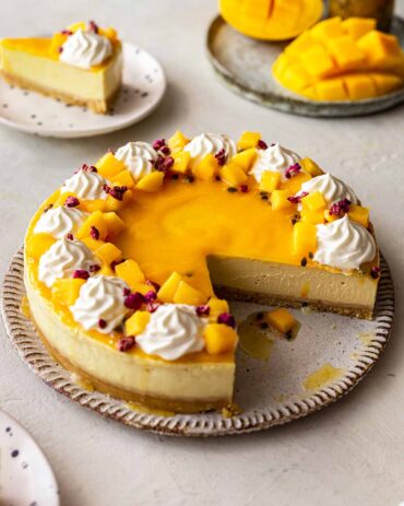 baked mango and passionfruit cheesecake