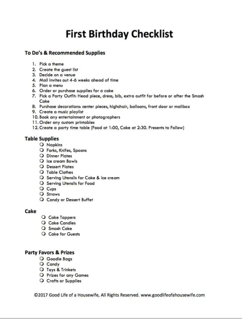 1st birthday party checklist