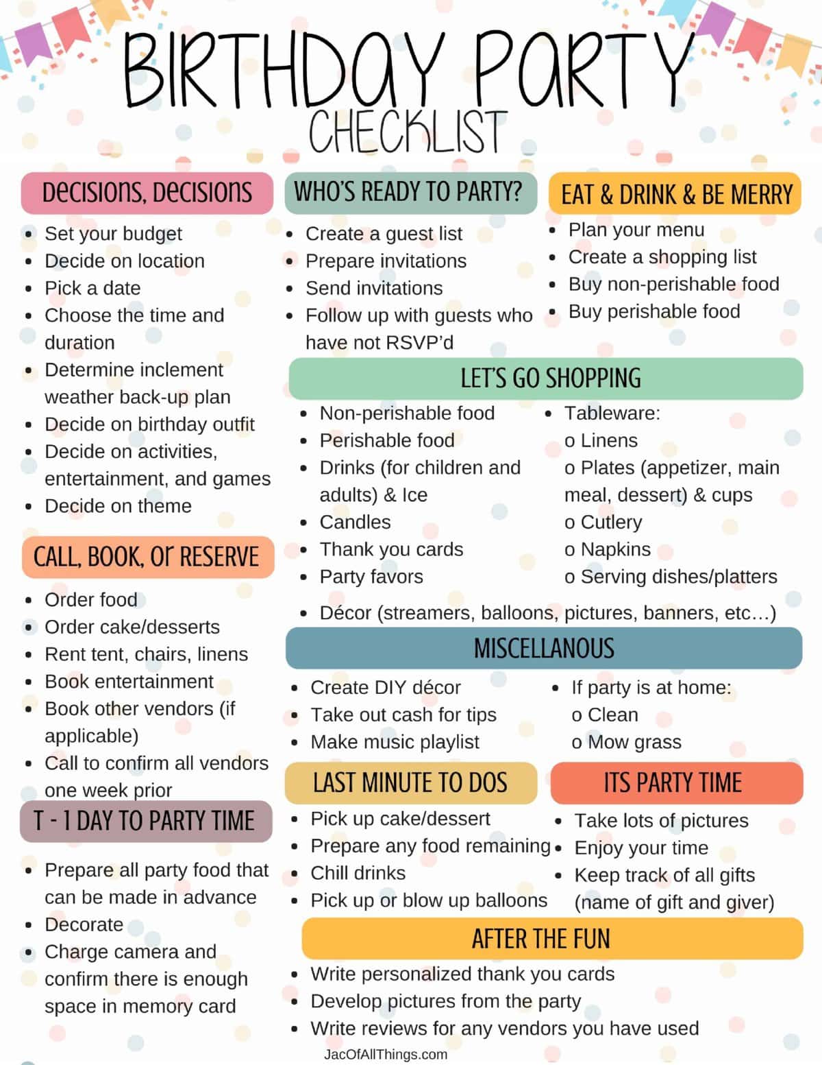 checklist for first birthday party