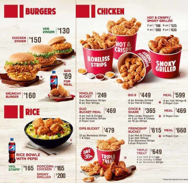 kfc restaurant menu