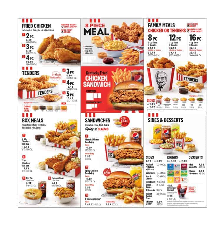 kfc restaurant menu