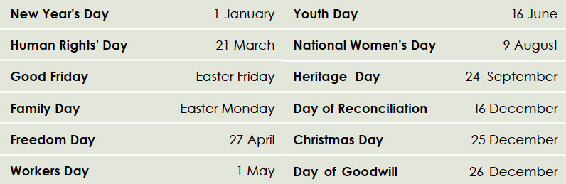 public holidays for sa