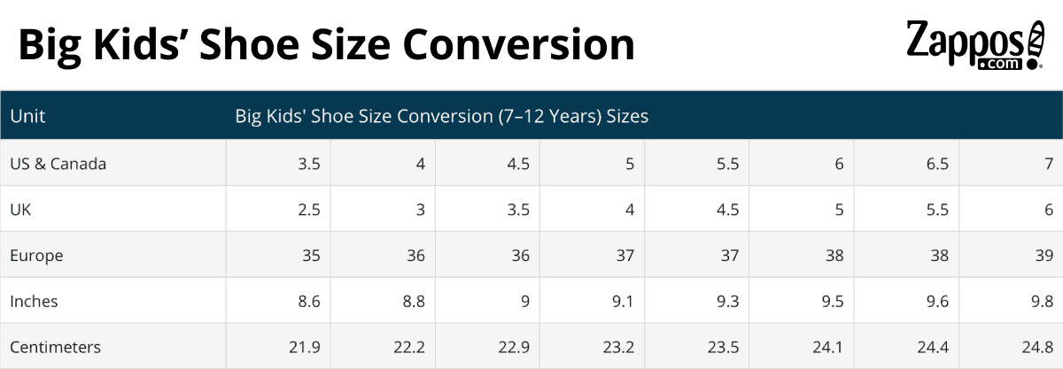 Shoe Size Conversion Chart for Children