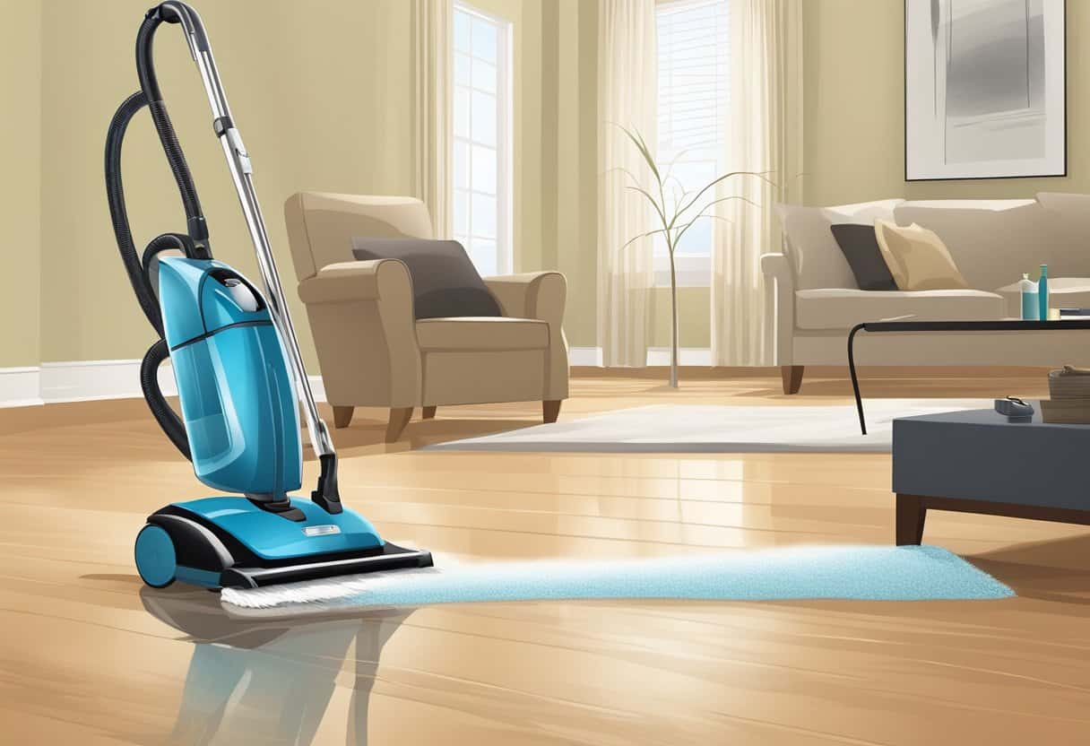 A vacuum glides across a pristine floor, while a duster sweeps over gleaming surfaces, and a mop leaves behind a trail of cleanliness
